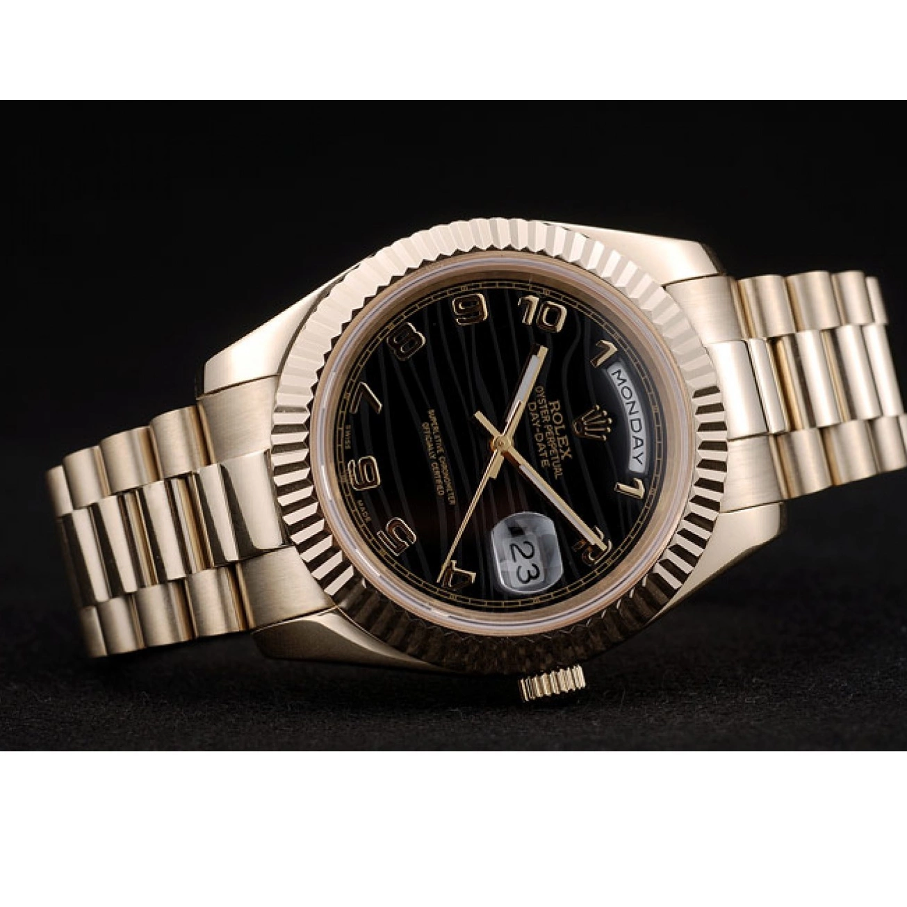 Good copy rolex watches Stainless Steel Gold Rolex Dial Patterned Black DayDate Strap 41980 0815